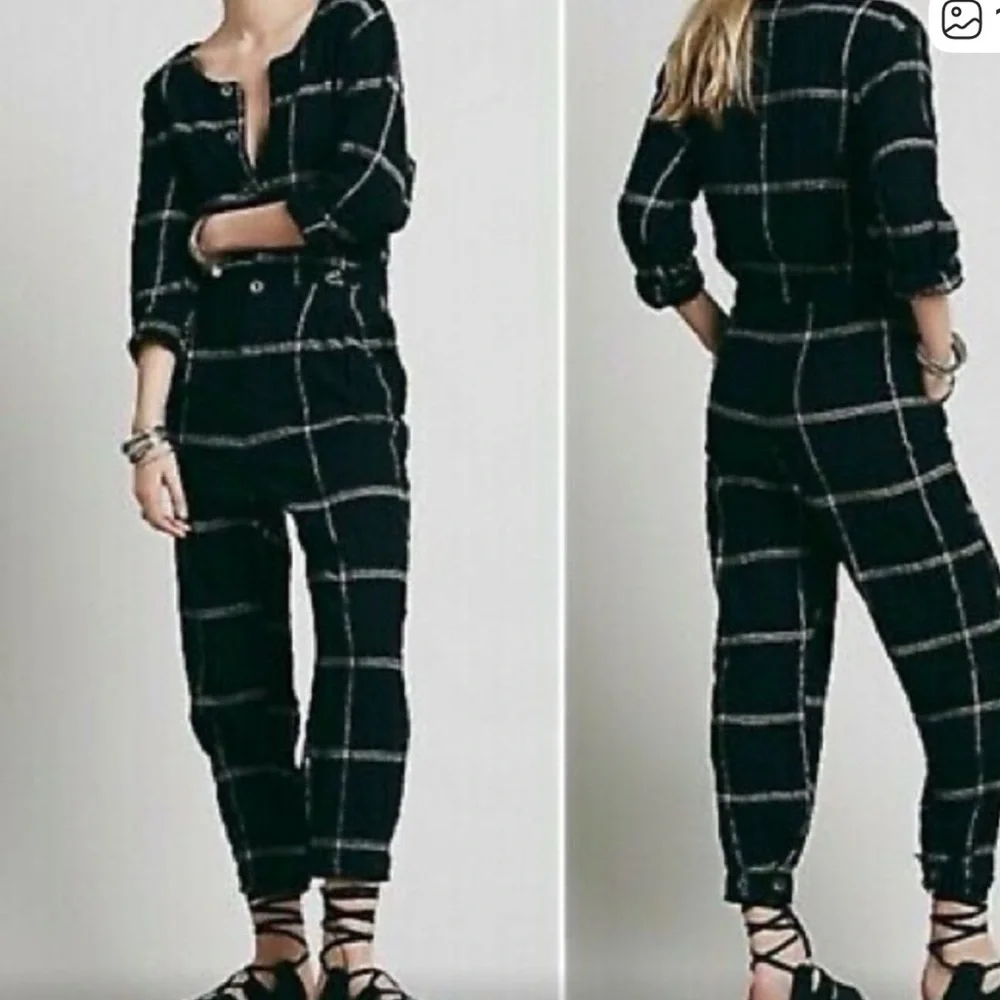 Free people keep it in checkered Sz large L jumpsuit with pockets as seen on TV